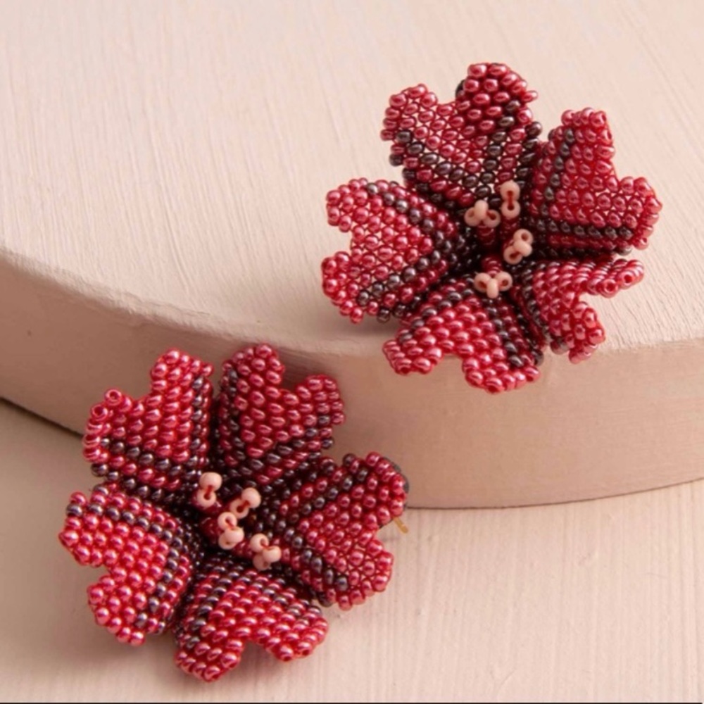 Noonday Collection red beaded Hibiscus earrings
